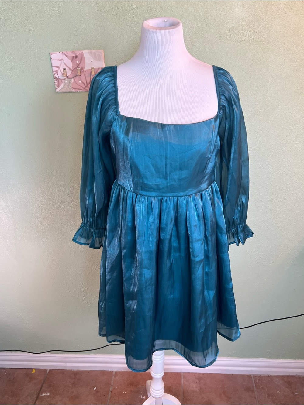 Thrifty Thrifty- Teal Puff-Sleeve Kids Dress with Square Neck